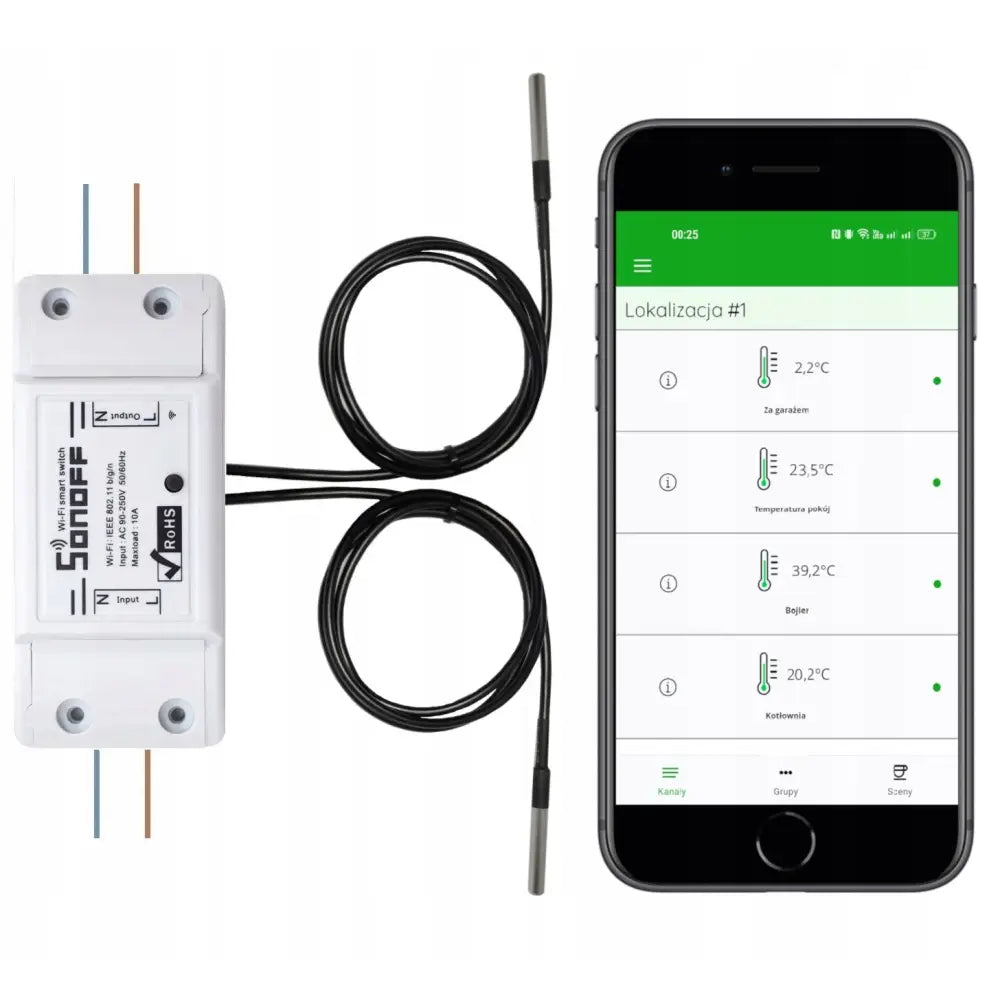Sonoff temperatursensor med to sonder og sorte kabler, vist sammen med smarttelefon som viser måleresultater.