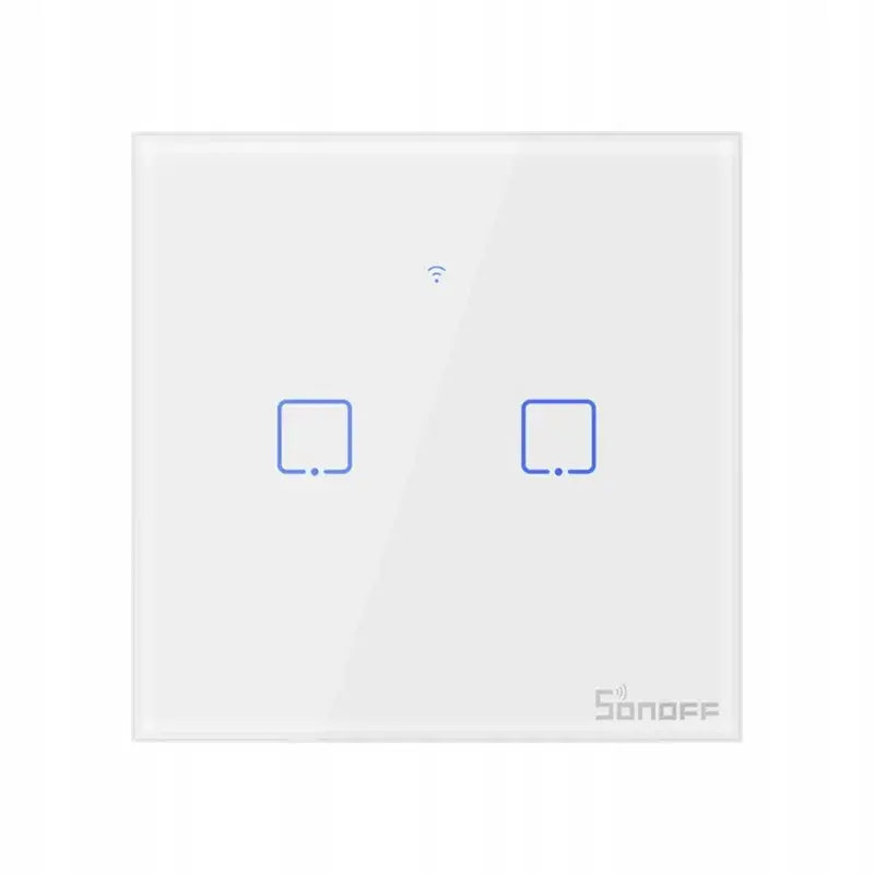 Sonoff T0 EU TX WiFi berøringsbryter, hvit glassfront med to blå, opplyste felter og diskret wifi-symbol.