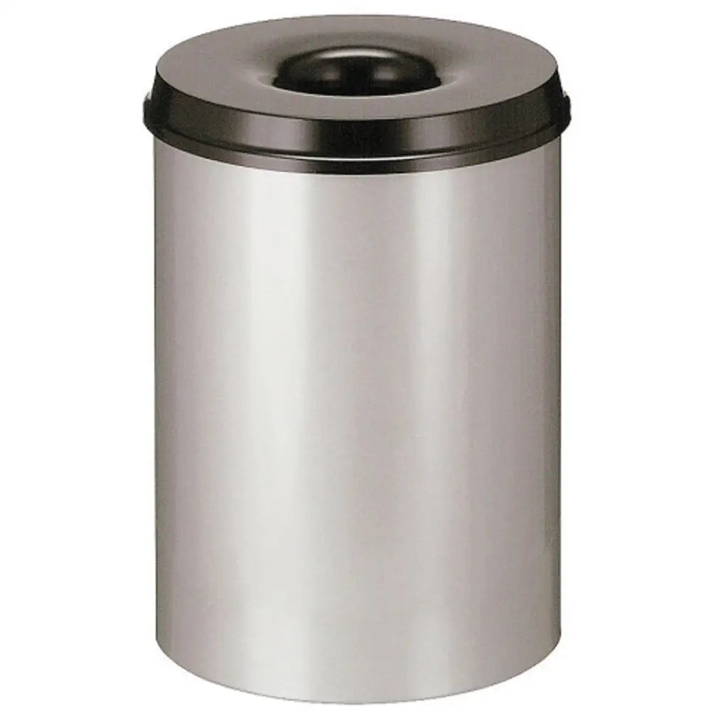 Søppelbøtte av stål med sort lokk, frontvisning som viser sirkulær åpning og børstet metallfinish.