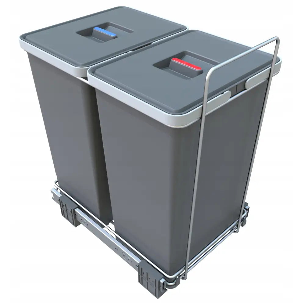 Søppelbøtte Ecofil, to grå avfallsbøtter med fargede lokk i uttrekkbar metallramme, sett skrått ovenfra.