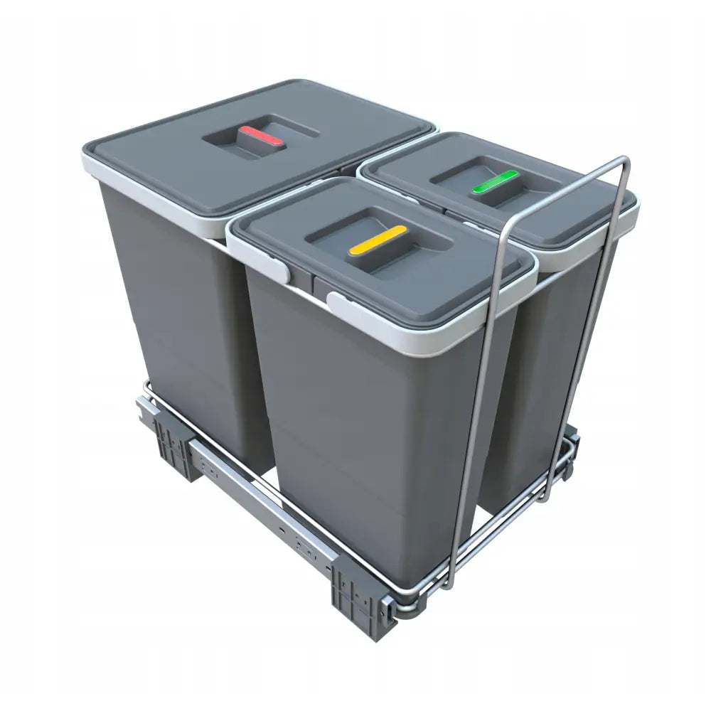 Søppelbøtte Ecofil sorteringssystem, tre grå bøtter med fargede håndtak på uttrekkbart metallstativ.