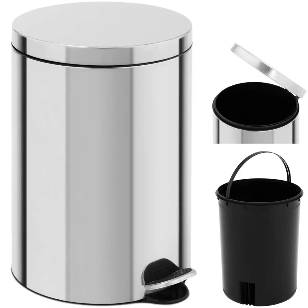 Søppelbøtte for bad, skråvisning med åpent lokk og sort uttakbar innerbøtte med bærehank i fokus.