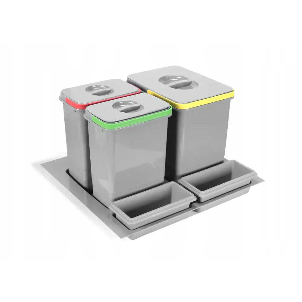 Søppelbøtte for skuff 600, tre grå beholdere med fargede lokk, sett skrått ovenfra med underskuffer.
