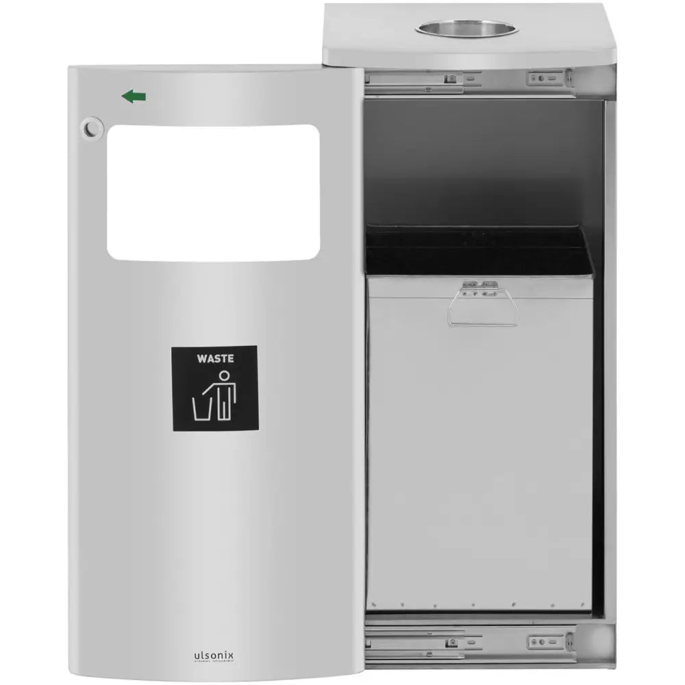 Sølvfarget utendørs søppelbøtte med åpen dør, synlig innerbøtte og tydelig avfallsymbol med "WASTE".