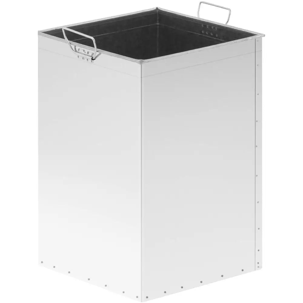 Søppelbøtte i hvitt stål med askebeger, sett skrått ovenfra med synlige håndtak på kortsidene.