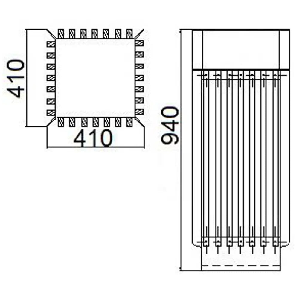 Teknisk tegning av søppelbøtte med askebeger og treinnsats, mål 410 x 410 x 940 mm fra topp og side.