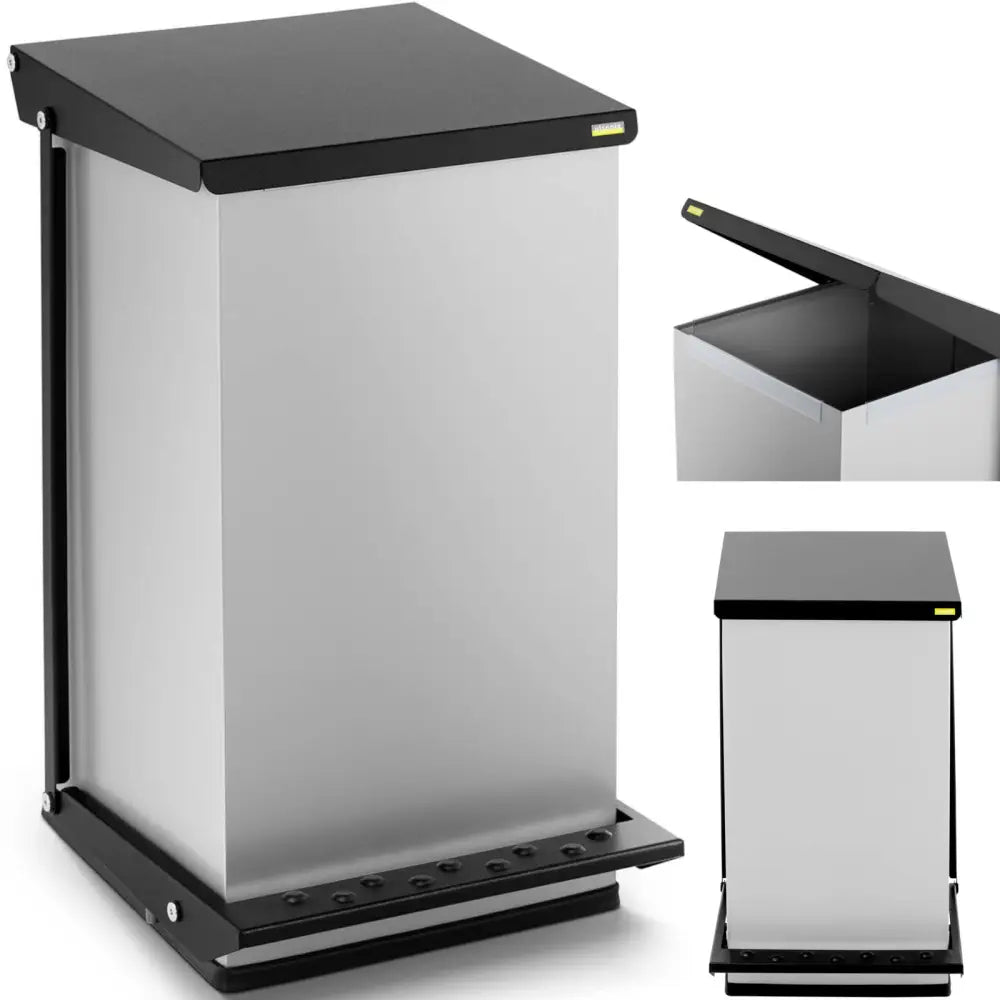 Søppelbøtte med fotåpning i stål, skrå oversiktsvinkel med lokk og synlig åpningsmekanisme.