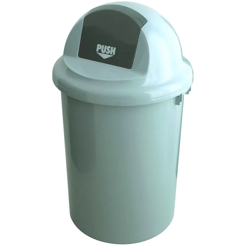 Søppelbøtte med skrå klaff PUSH, grå plast, sylinderformet med sort svinglokk og tydelig PUSH-merke.