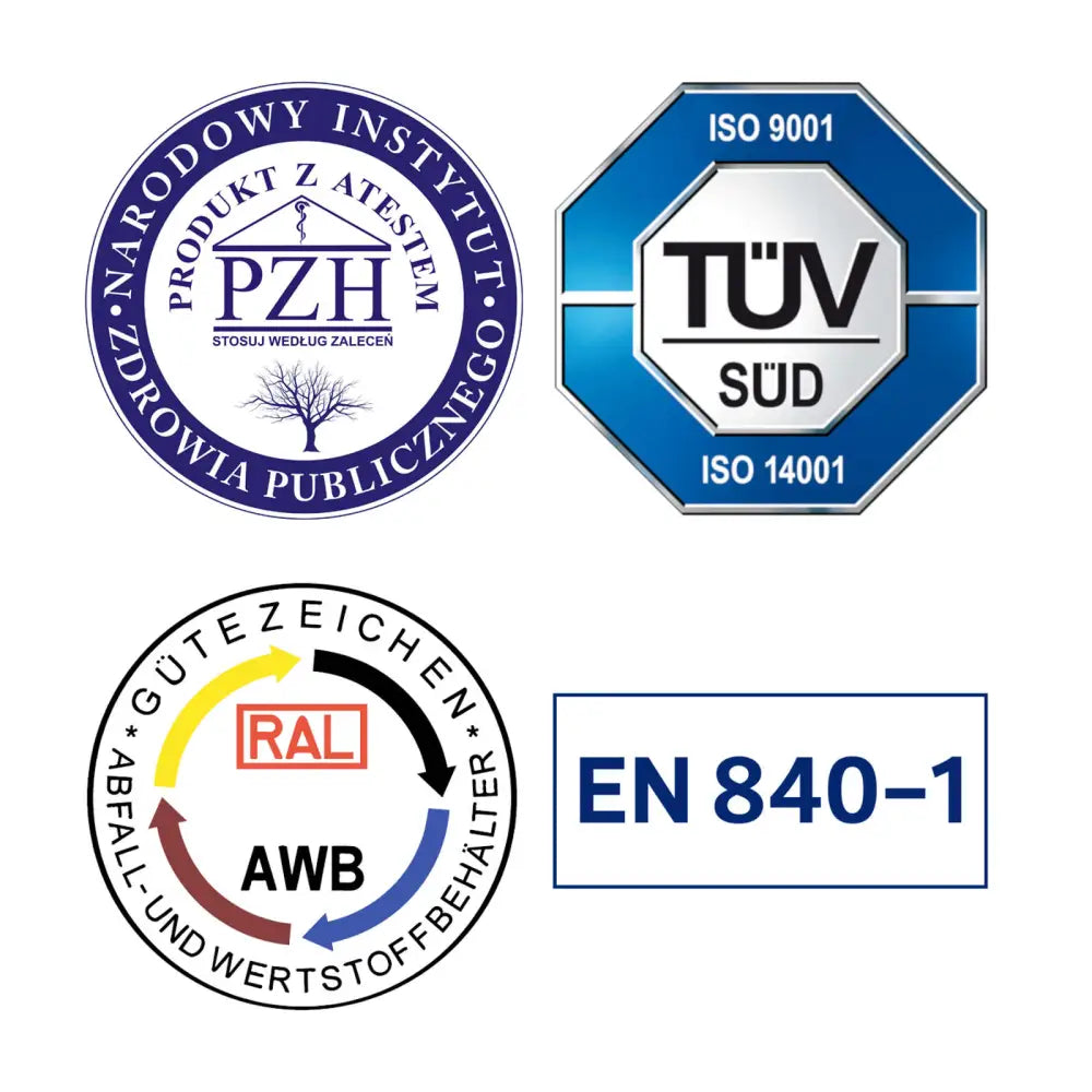 Sertifiseringsmerker for søppelbøtte GASTRO, inkludert ISO 9001, TÜV SÜD og EN 840-1, på hvit bakgrunn.