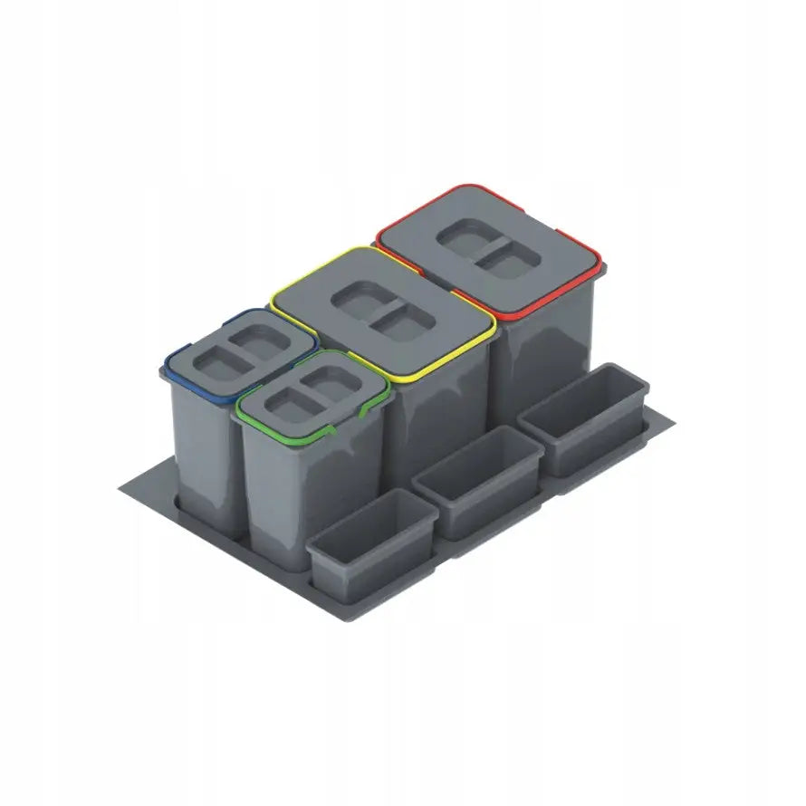 Søppelbøtte Praktiko, seks grå plastbeholdere med fargede lokkkanter, skrå vinkelvisning.