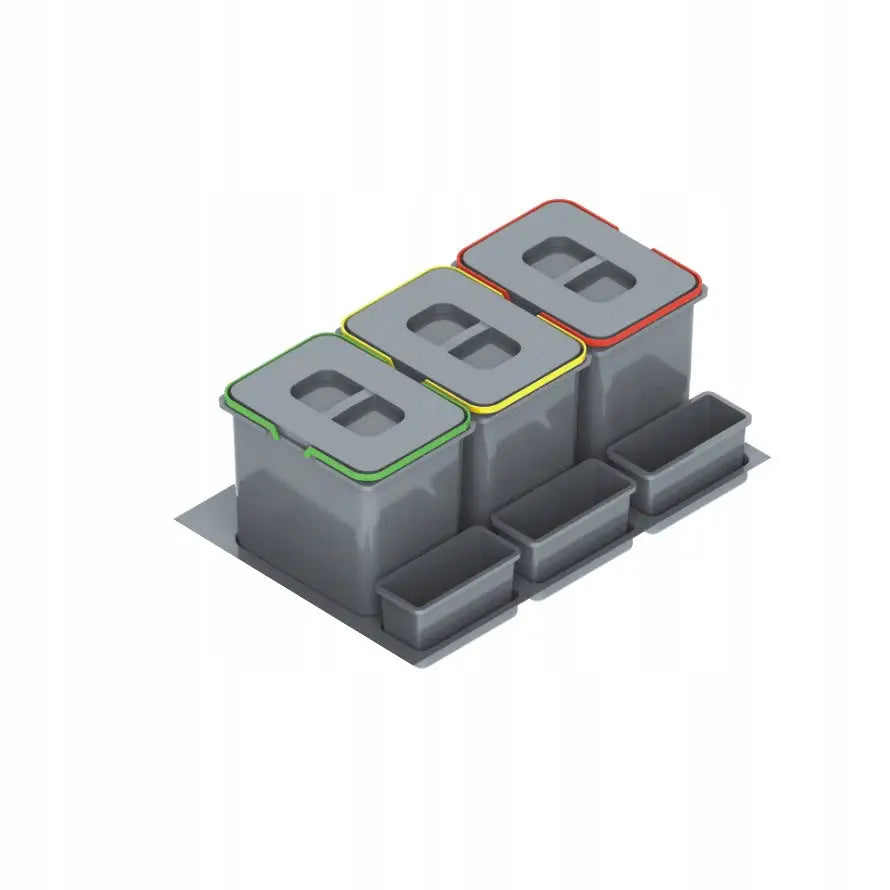Søppelbøtte Praktiko, tre grå beholdere med fargede lokk og separate rom, sett skrått ovenfra.