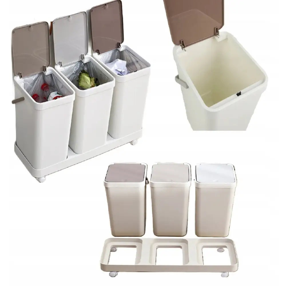 Søppelbøtte sett med tre beige avfallsdunker på hvit vogn med hjul, brune lokk synlige.