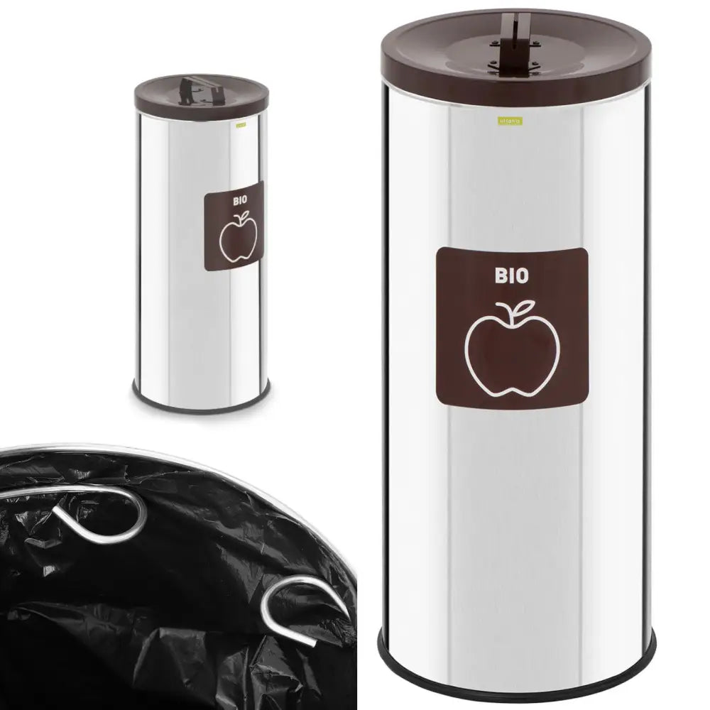 Søppelbøtte til bioavfall 45 l, nærbilde av metallbeholder med brunt lokk og innvendig krok for pose.
