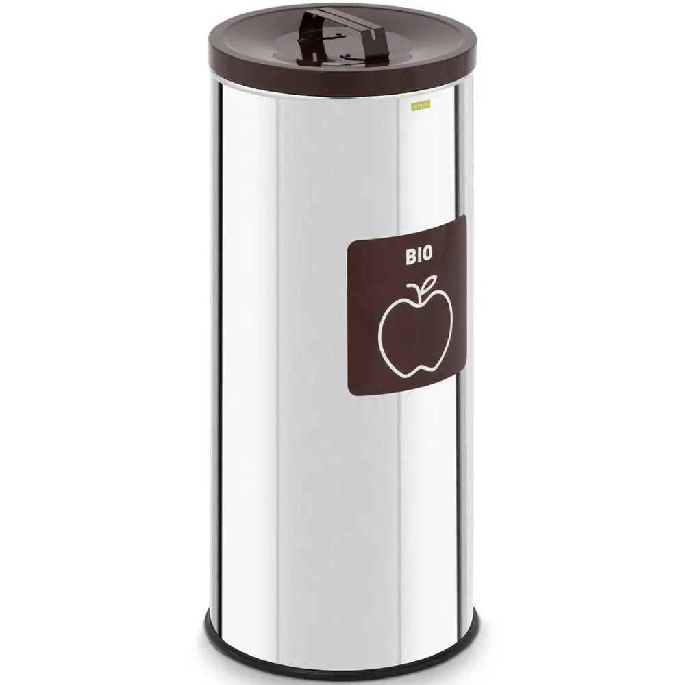 Søppelbøtte for bioavfall 45 l, sølvfarget metall med brunt lokk, BIO-merke og eplemotiv sett skrått forfra.