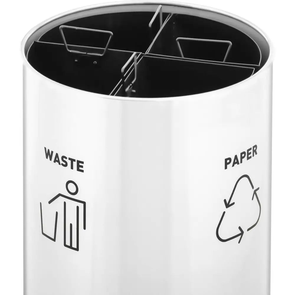 Søppelbøtte i stål med fire kammer, sett ovenfra, hvert rom tydelig merket for avfall og papir.