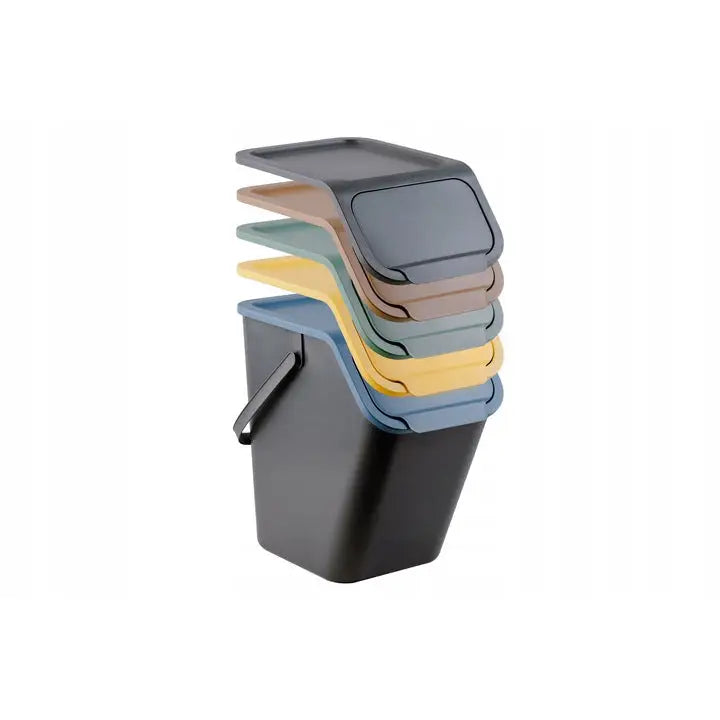 Søppelkasse for avfallssortering 75L med svart håndtak og fire fargede lokk stablet oppå hverandre.