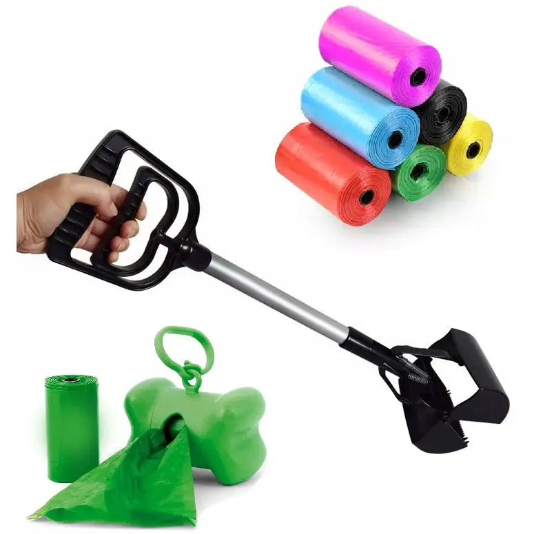 Søppelplukkersett med klo-på-pinne, fargerike avfallsposer og grønn beinformet poseholder samlet på hvit bakgrunn.