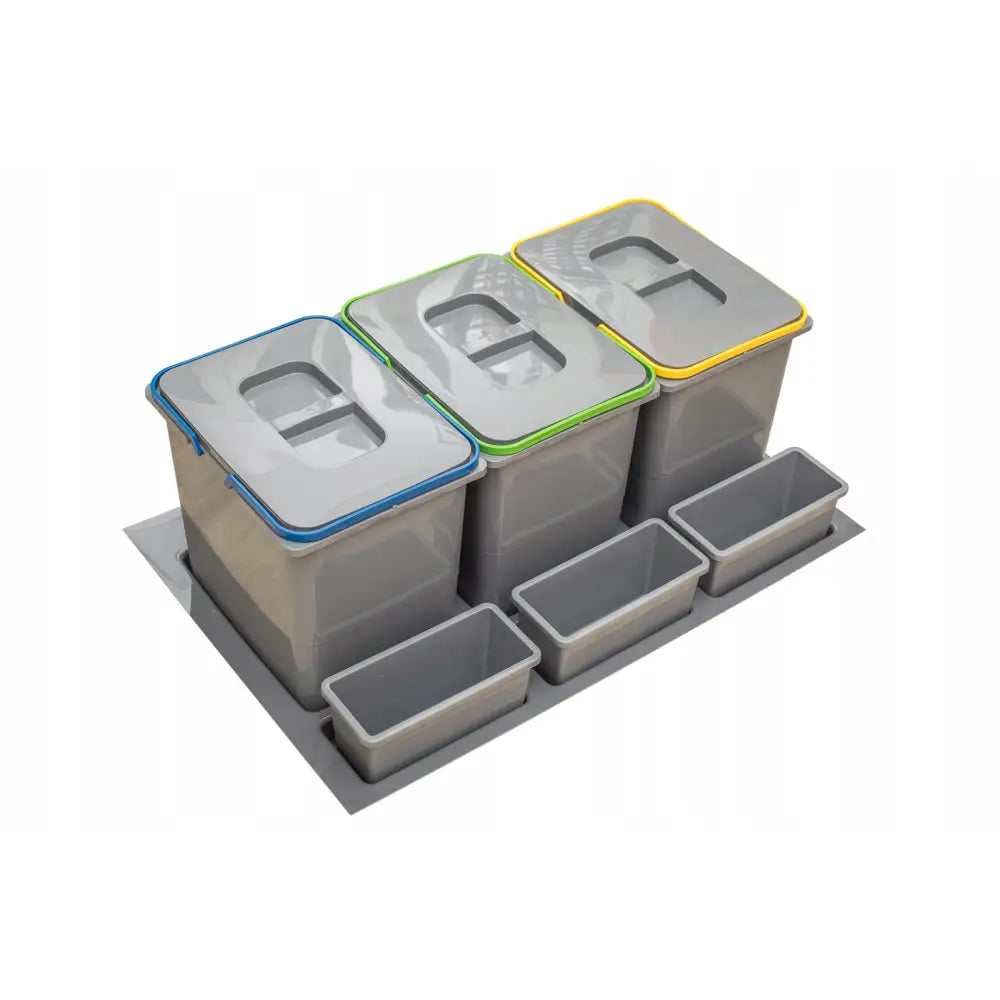 Søppelsortering Praktico avfallskurv, tre grå beholdere med fargede lokk og åpne sorteringsbokser på brett.