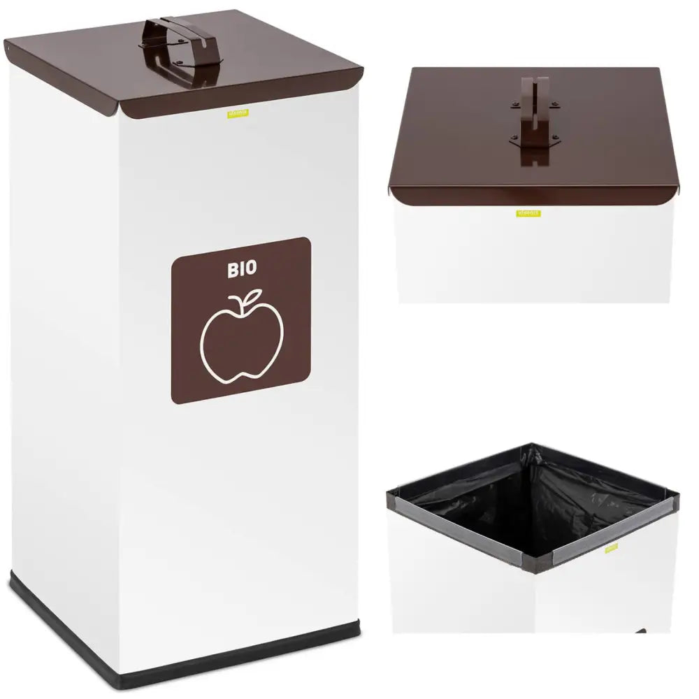 Søppelsorteringsbeholder 60 l bio, hvit metall med brunt lokk og BIO-merke med eplemotiv, skrå vinkel.