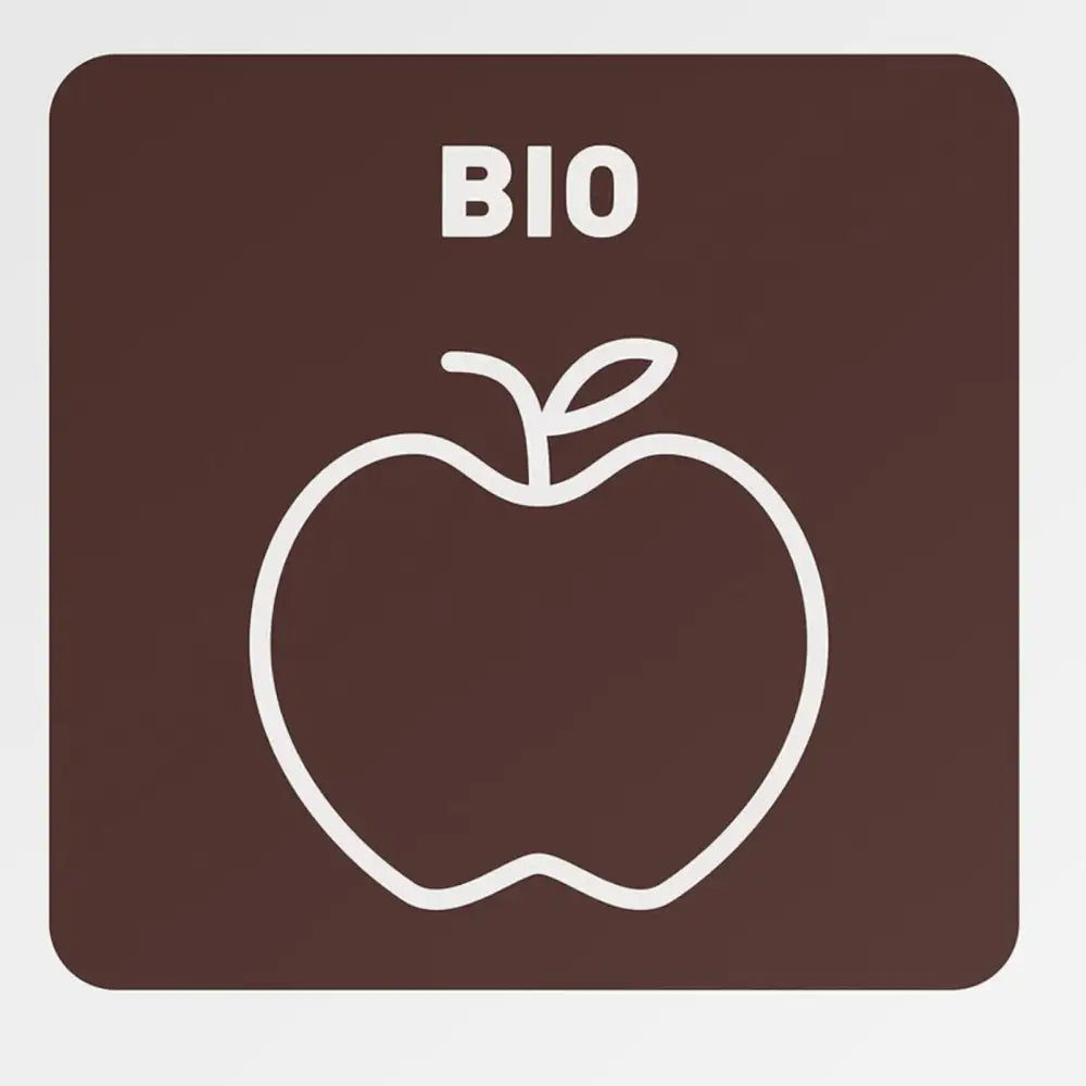 Søppelsorteringsbeholder bio, brunt merke med hvitt eplemotiv og teksten BIO tydelig synlig forfra.