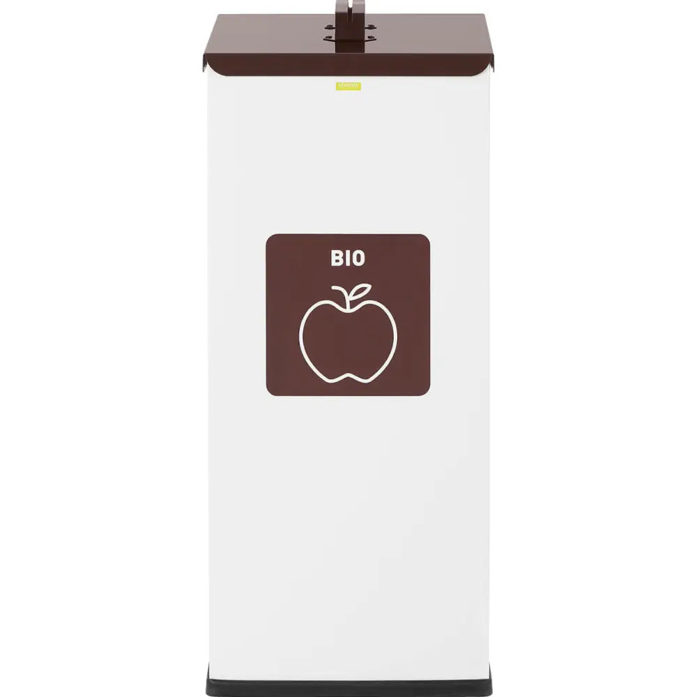 Søppelsorteringsbeholder 60 l bio, hvit metall med brunt lokk og tydelig BIO-merke med epleskisse på fronten.