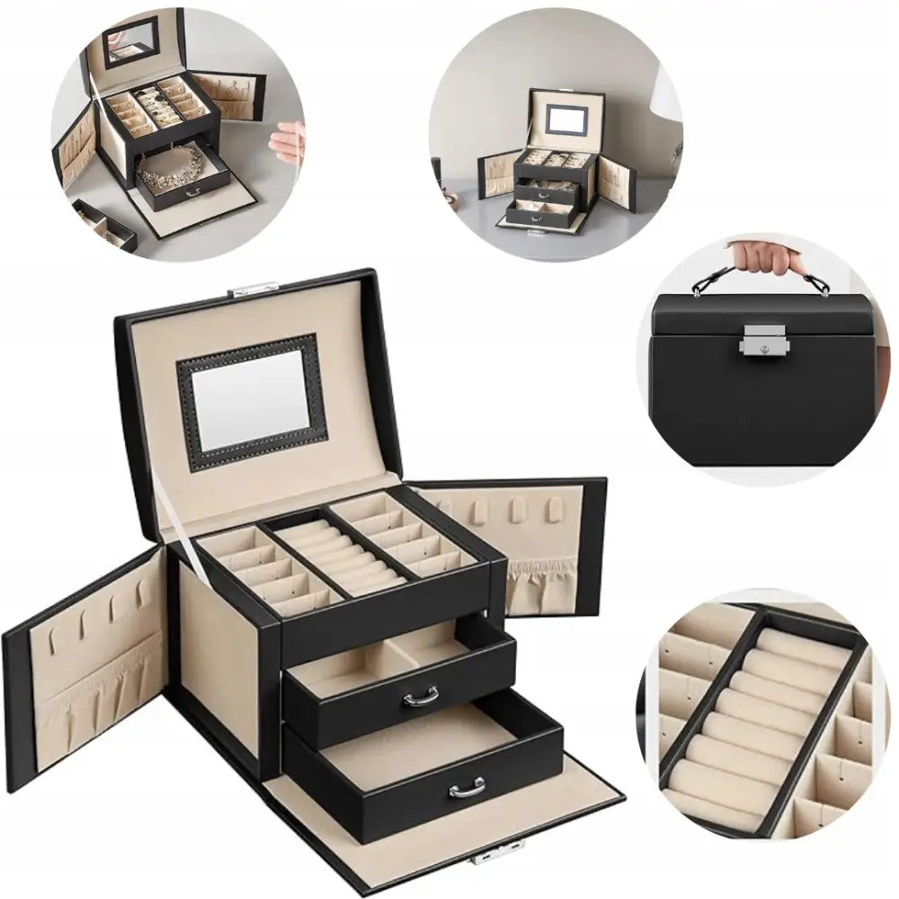 Sort smykkeskrin i kunstskinn, åpent forfra med speil, rominndeling, skuffer og beige innside.