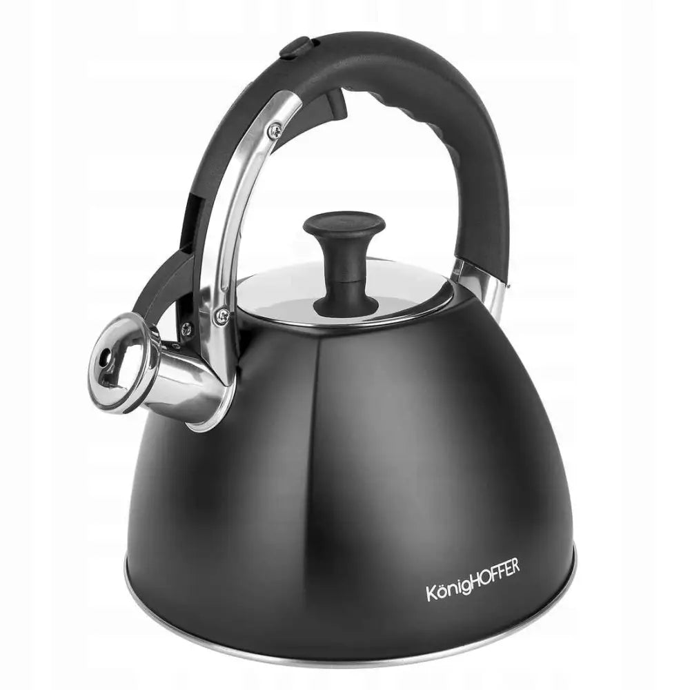 Sort matt Firenze II vannkoker, skrå forfra med blankt håndtak og detaljer i rustfritt stål.