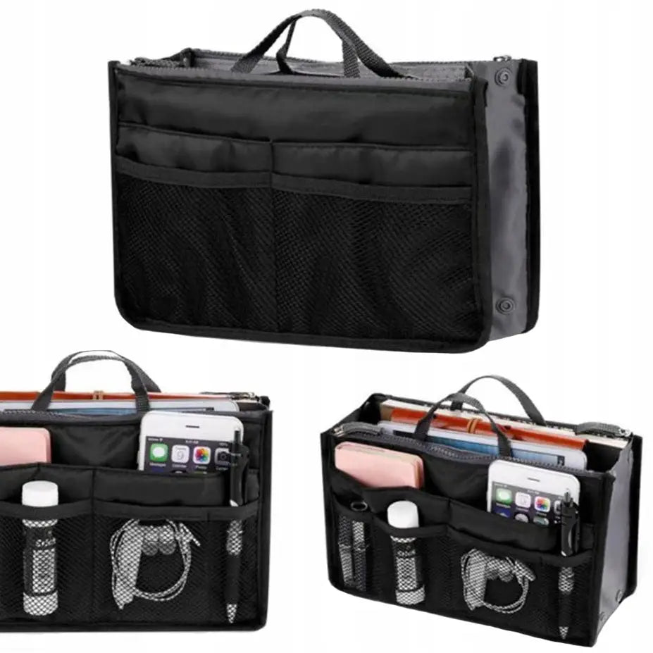 Sort organizer til veske med flere lommer og netting, vist fylt med mobil, notatbok og kosmetikk.
