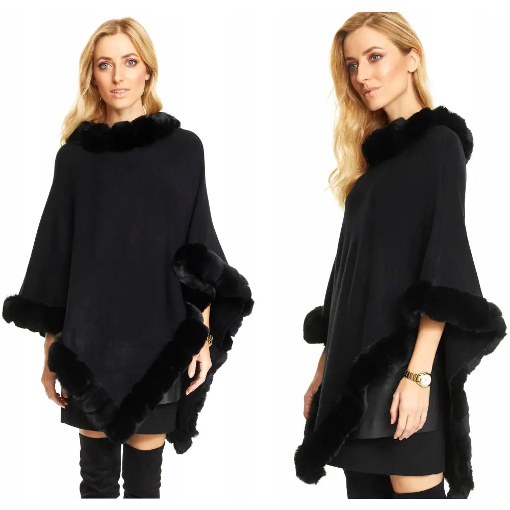 Sort Poncho Cape med Pelsimitasjon Langstrikket