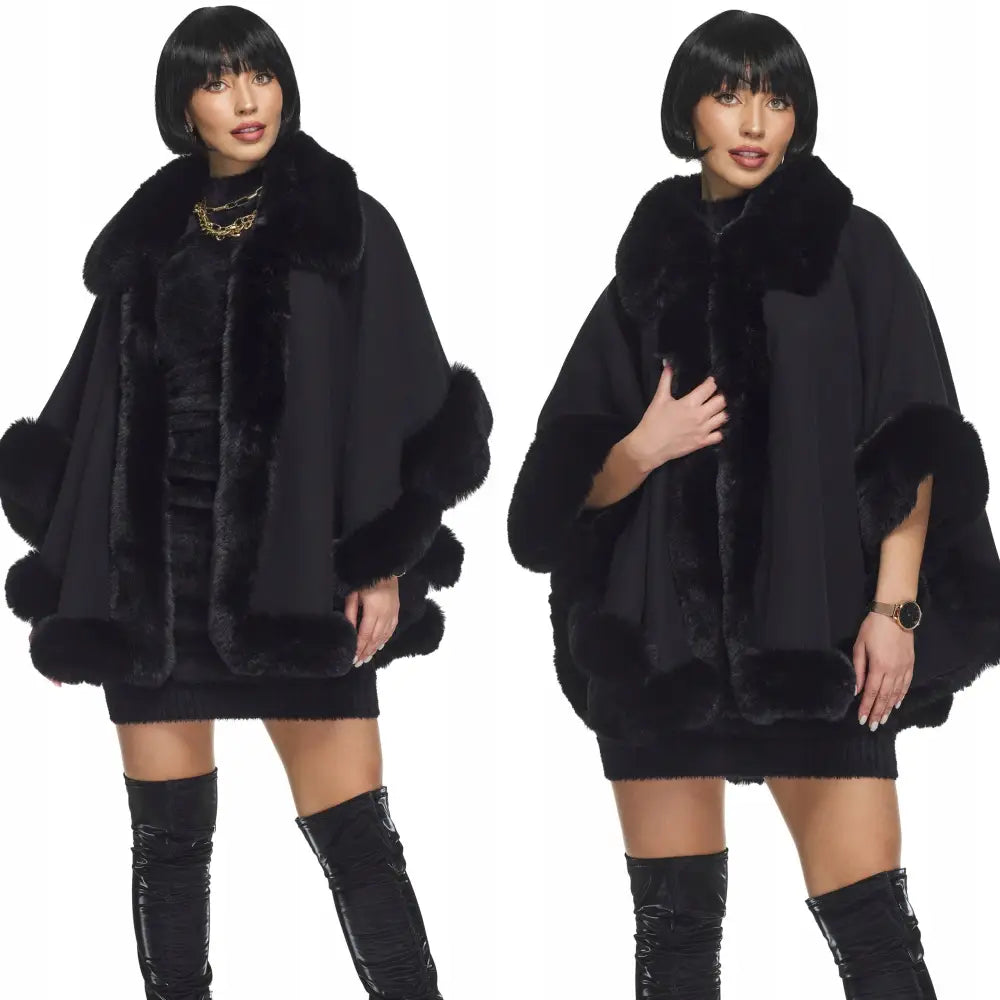 Sort Strikket Poncho med Pelskant