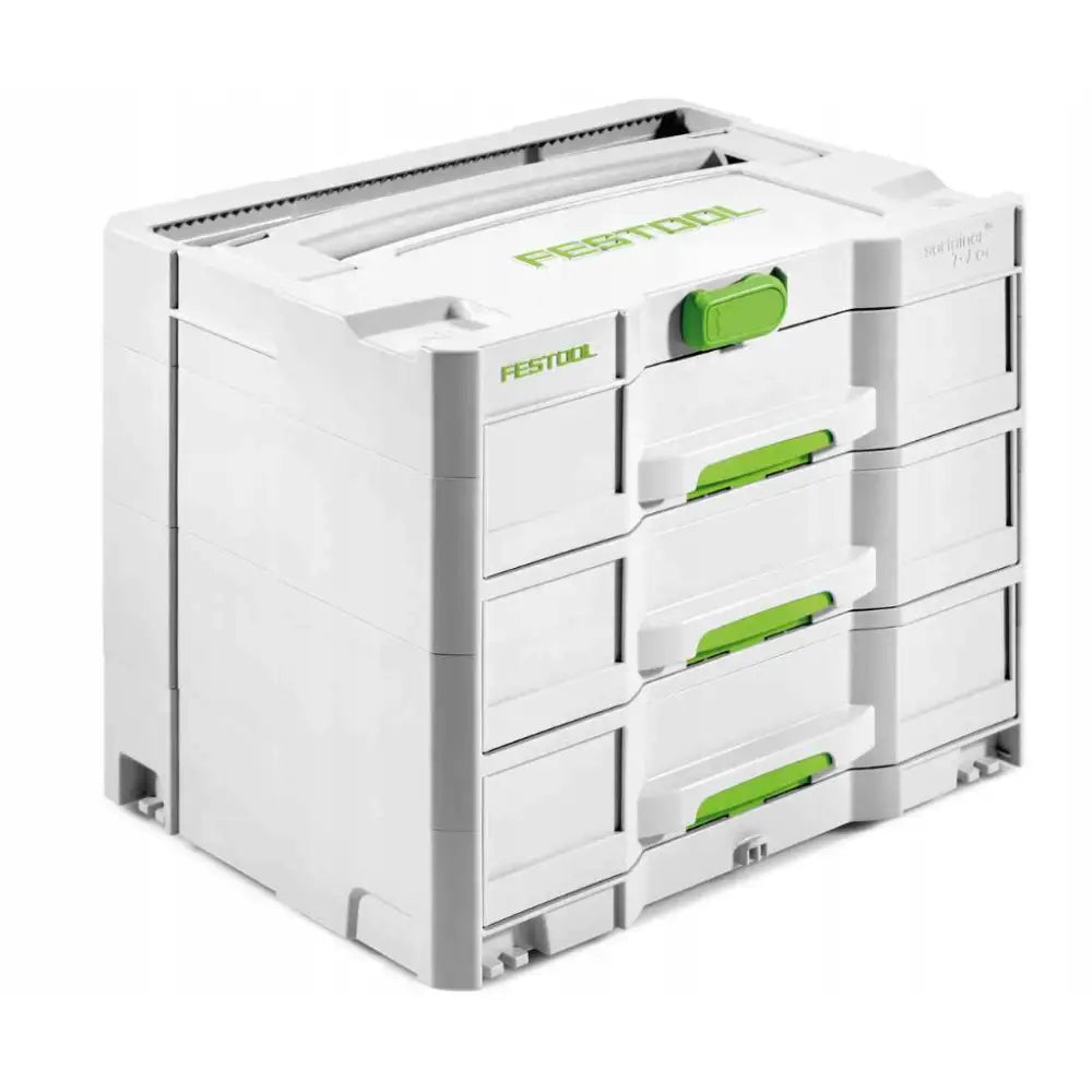 Sortainerkasse Sys 4 Tl-Sort/3, skråvisning av grå plastboks med fire skuffer og grønne håndtak.