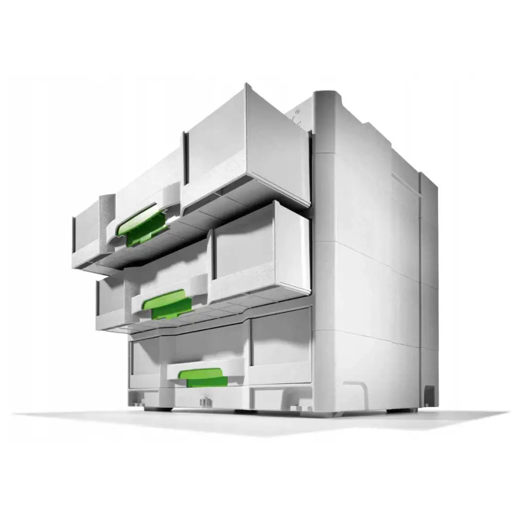 Sortainerkasse Sys 4 med tre åpne skuffer, grønne håndtak og hvit plast, sett fra skrå vinkel.