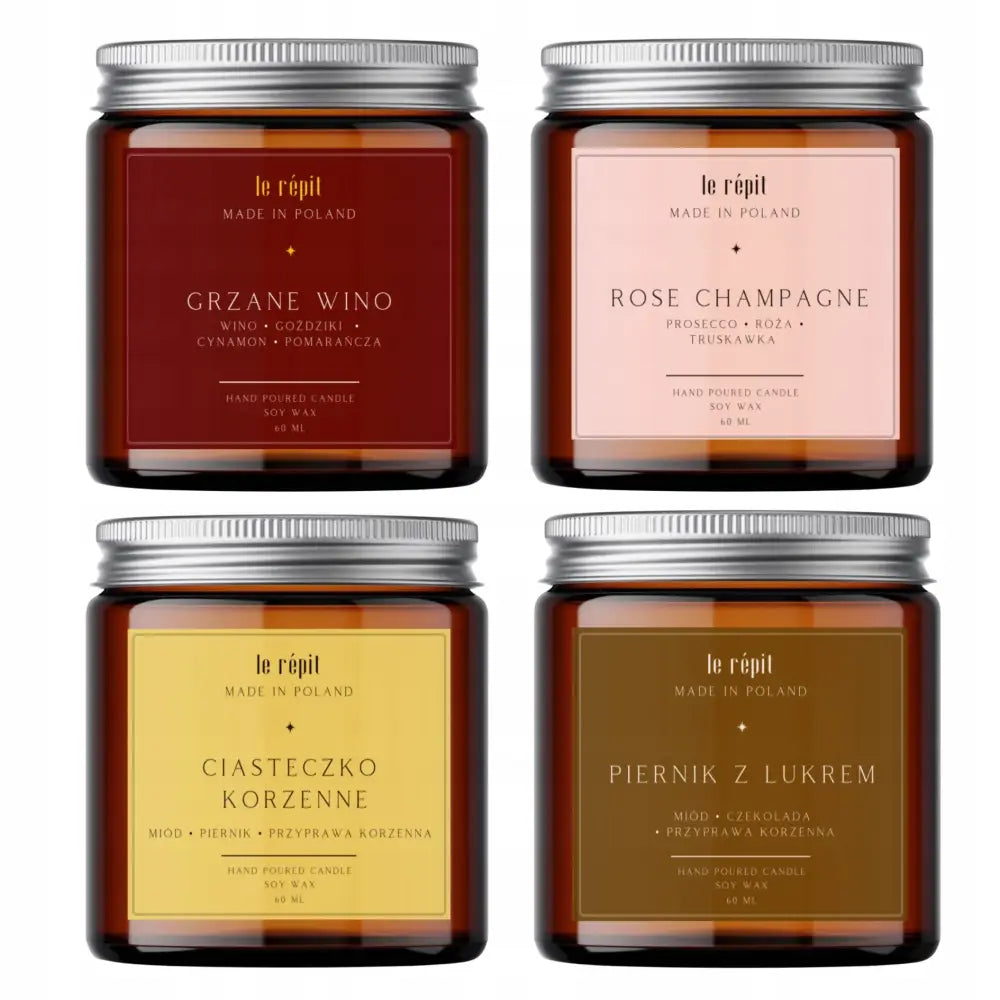 Soyavoks duftlys sett, fire brune glasslys med fargerike etiketter og sølvfargede lokk, sett forfra.