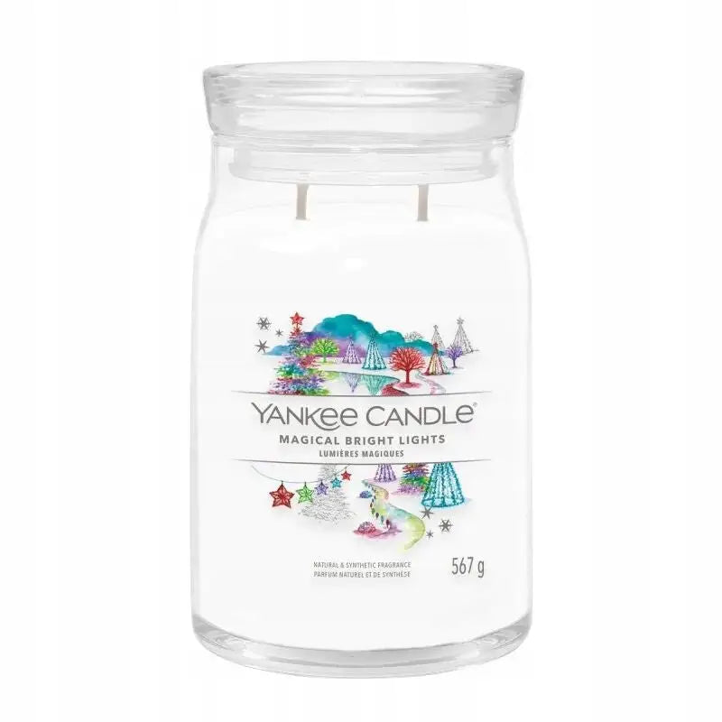 Soyavokslys Yankee Candle Signature, stort hvitt glass med to veker, julemotiv og gjennomsiktig lokk.