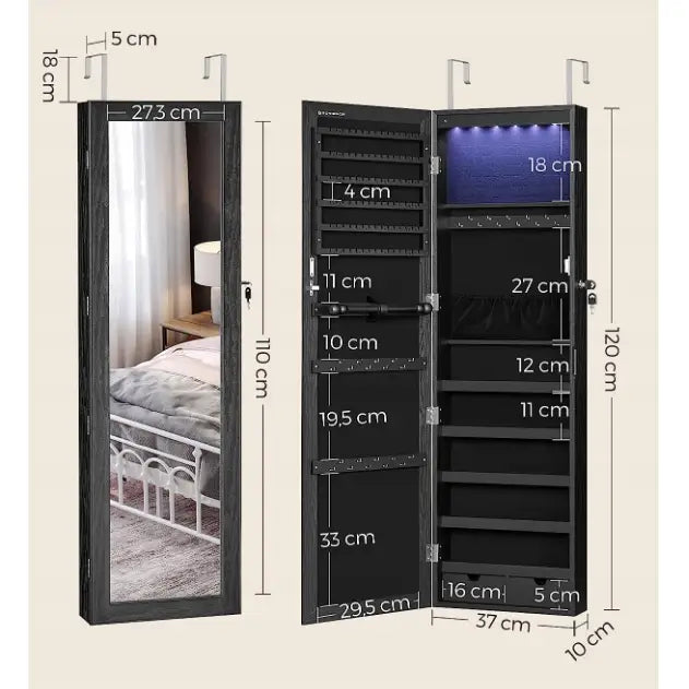 Speil smykkeskap veggmontert, åpent og lukket visning med LED-lys, mange hyller, kroker og mål.