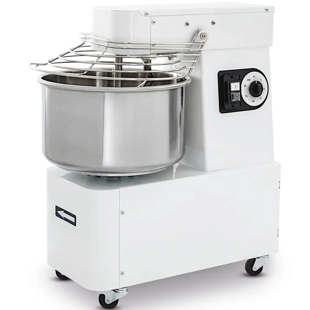 Spiralkneter med fast hode, sidevisning som viser rustfri bolle, beskyttelsesrist og hjul for mobilitet.