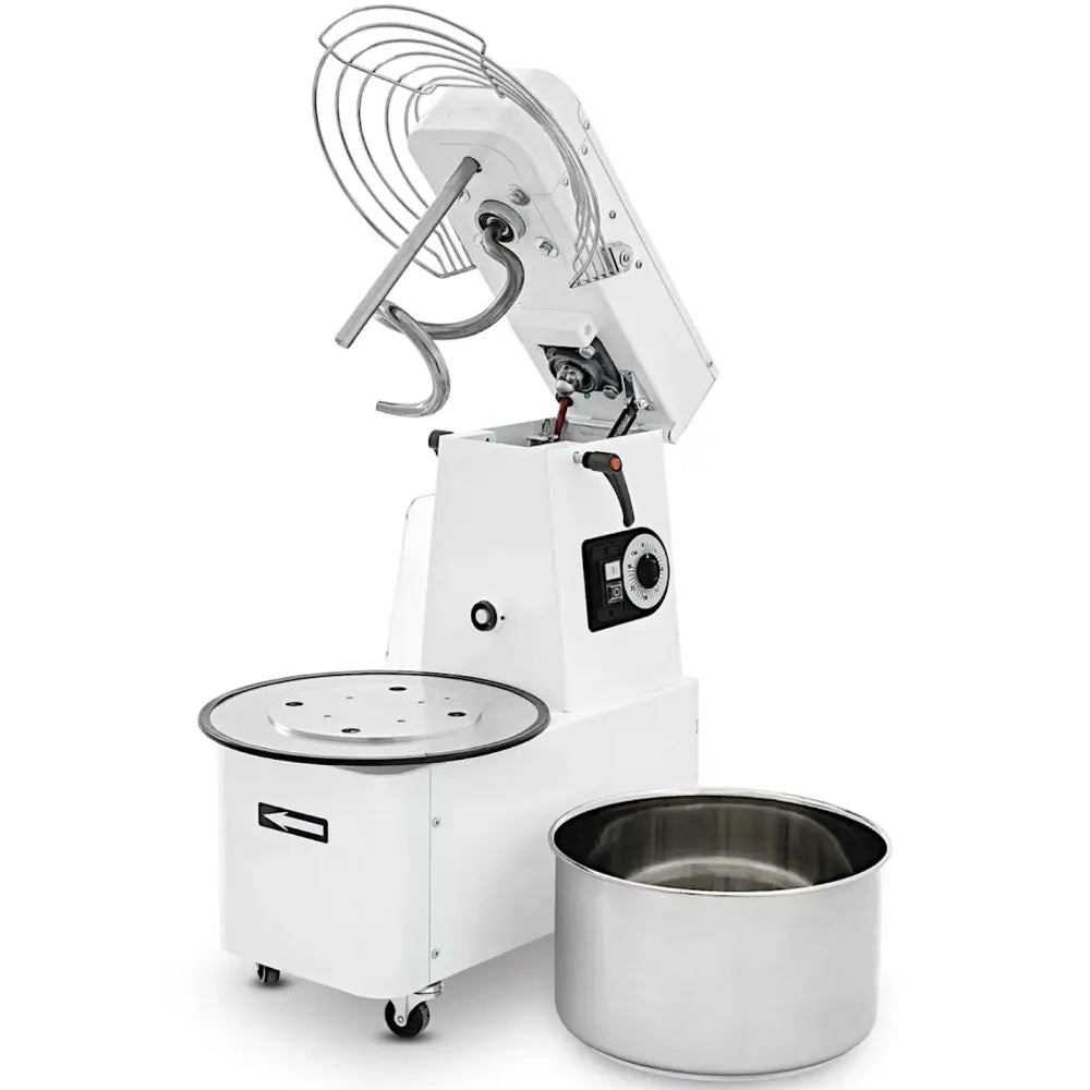 Spiralmikser med løftet arm, spiralvisp og stor uttakbar bolle i rustfritt stål, sett fra siden.