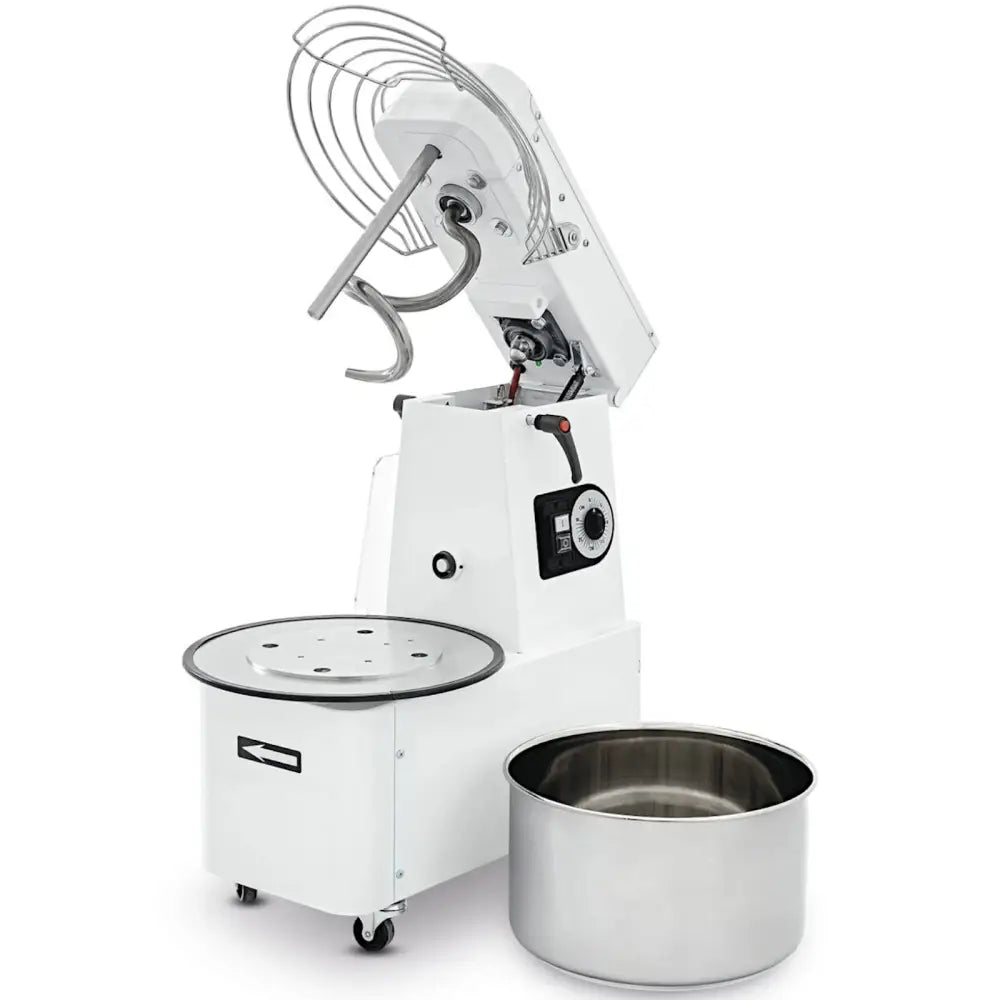 Spiralvisp med løftbart hode, skrå forsidevisning med hevet topp, beskyttelsesgitter og uttakbar metallbolle.