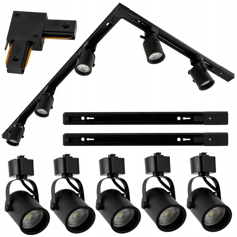 Sporbelysningsett med to svarte metallskinner, seks justerbare LED spotter og hjørneforbinder.