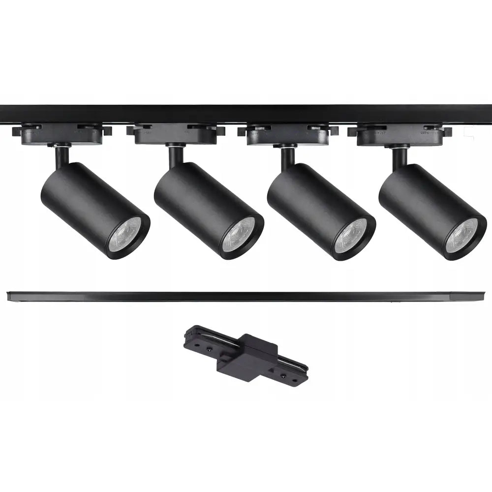 Sporledningsett med svart 2 meter skinne og fire matte GU10 spotter, sidevisning med koblingsdel.