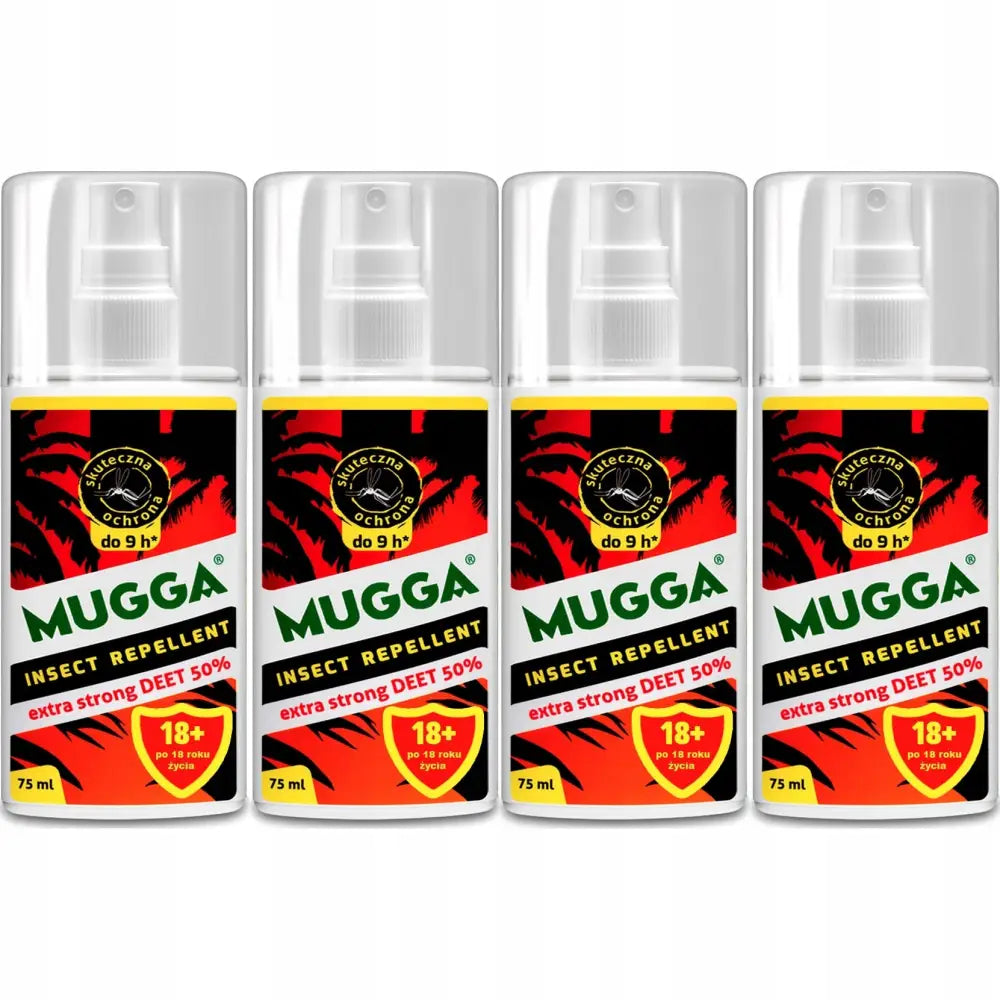 Fire Mugga Strong sprayflasker mot mygg, flått og fluer, 75 ml, sett forfra med fargerike etiketter.