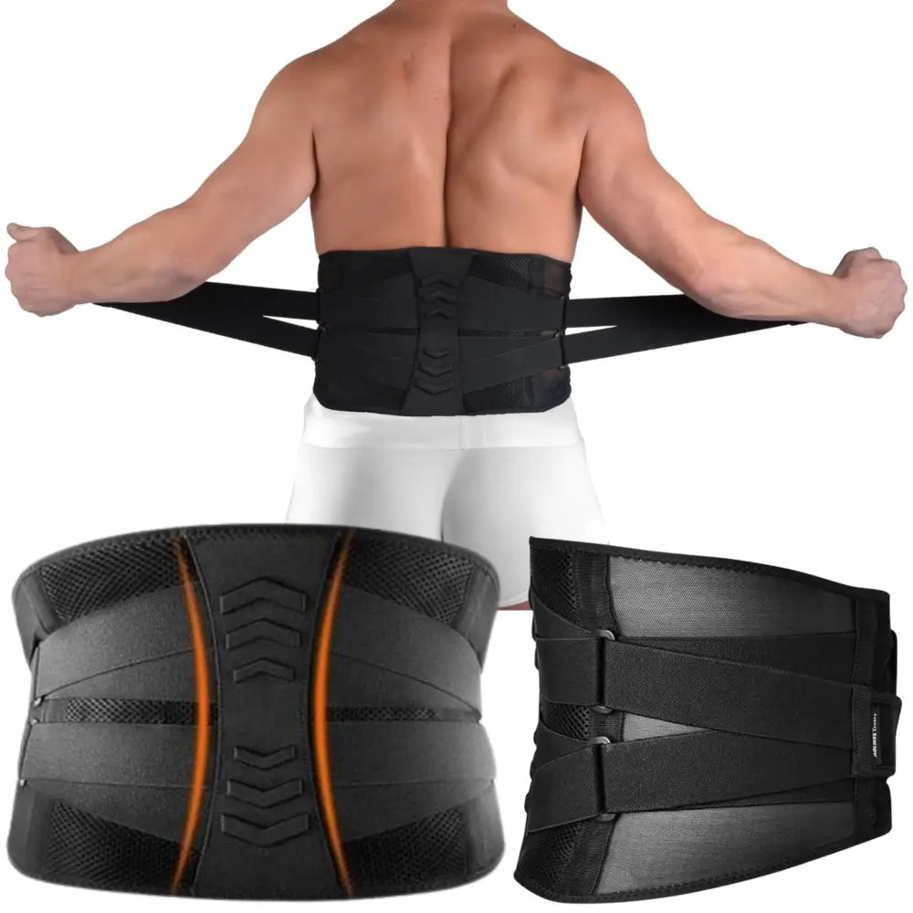 Stabiliserende ryggbelte i svart mesh, bakfra på person, nærbilder av justerbare stropper og oransje detaljer.