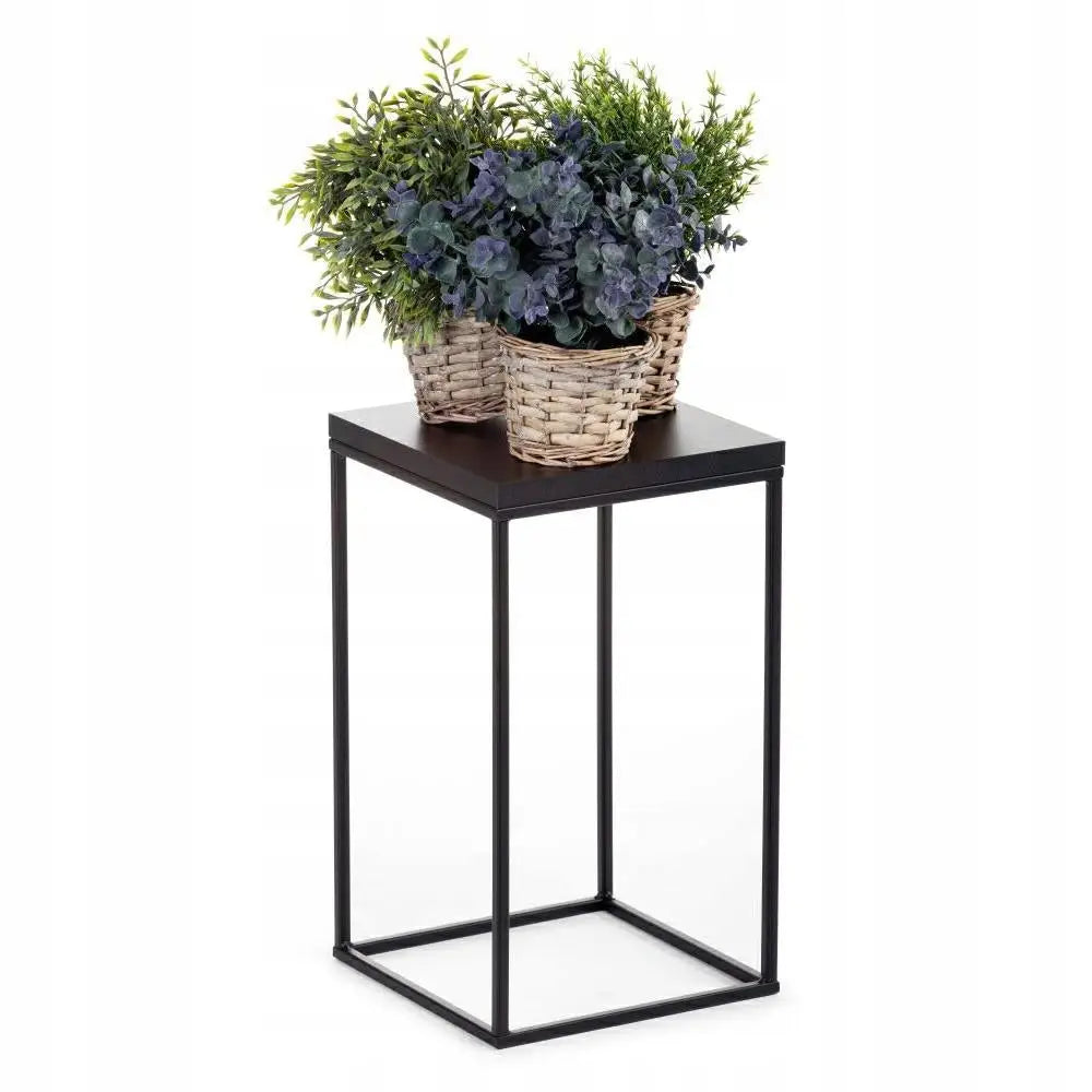 Stående blomsterstativ i sort metall med mørk treplate, dekorert med flettede kurver og grønne planter.