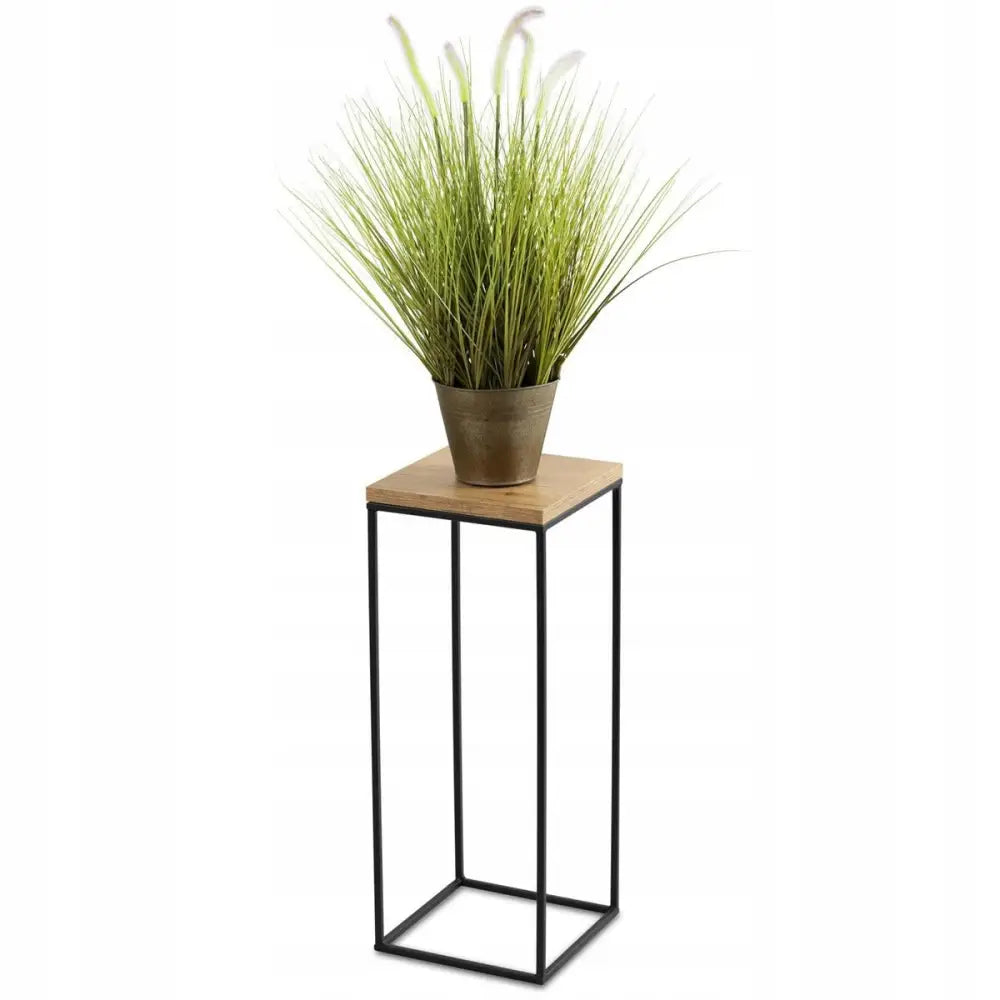 Stående blomsterstativ 60 cm, sort metallramme og lys treplate med grønn plante i potte, frontvisning.