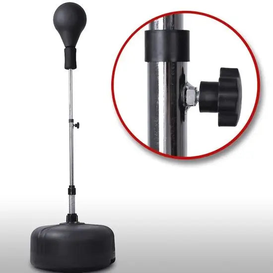 Stående boksebag med pære, nærbilde av justeringsskruen på metallstangen og solid rund plastbase.