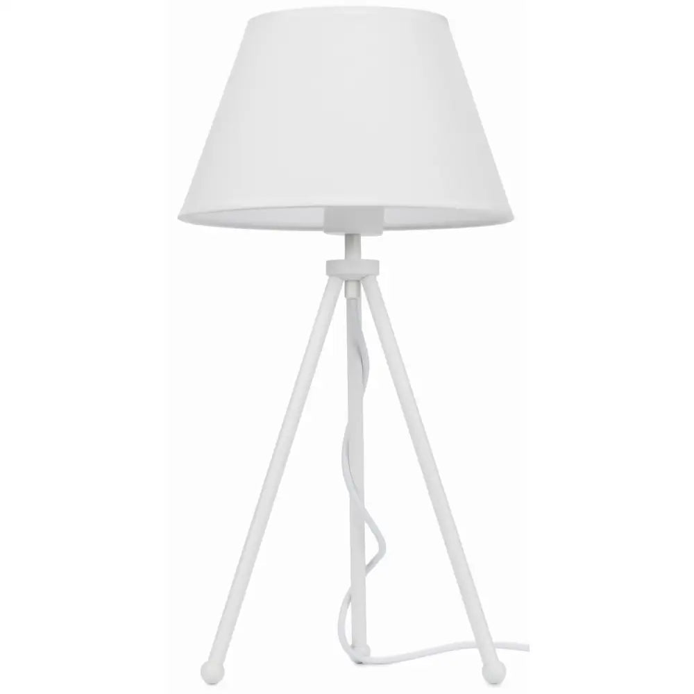 Stående lampe Neptun Mini i hvitt, sett forfra med tredelt metallstativ og konisk hvit lampeskjerm.