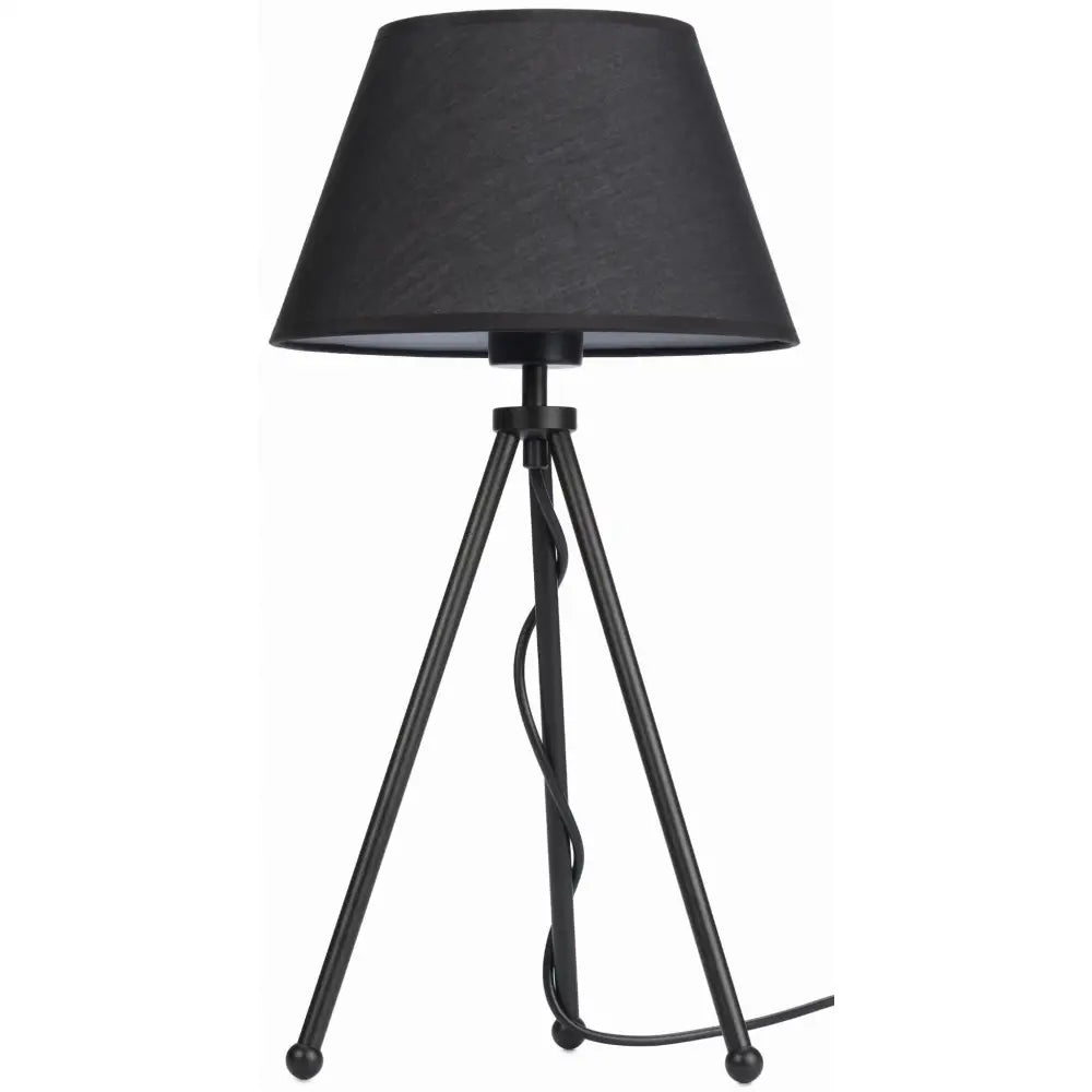 Stående lampe Neptun Mini i svart, med sort karo lampeskjerm og synlig kabel rundt stativet.