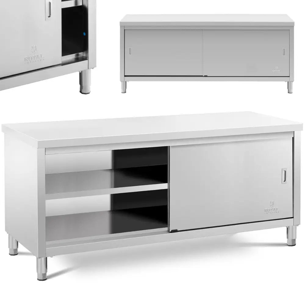 Stående rustfritt skap med skyvedører, åpne hyller og justerbare ben, sett fra skrå vinkel.