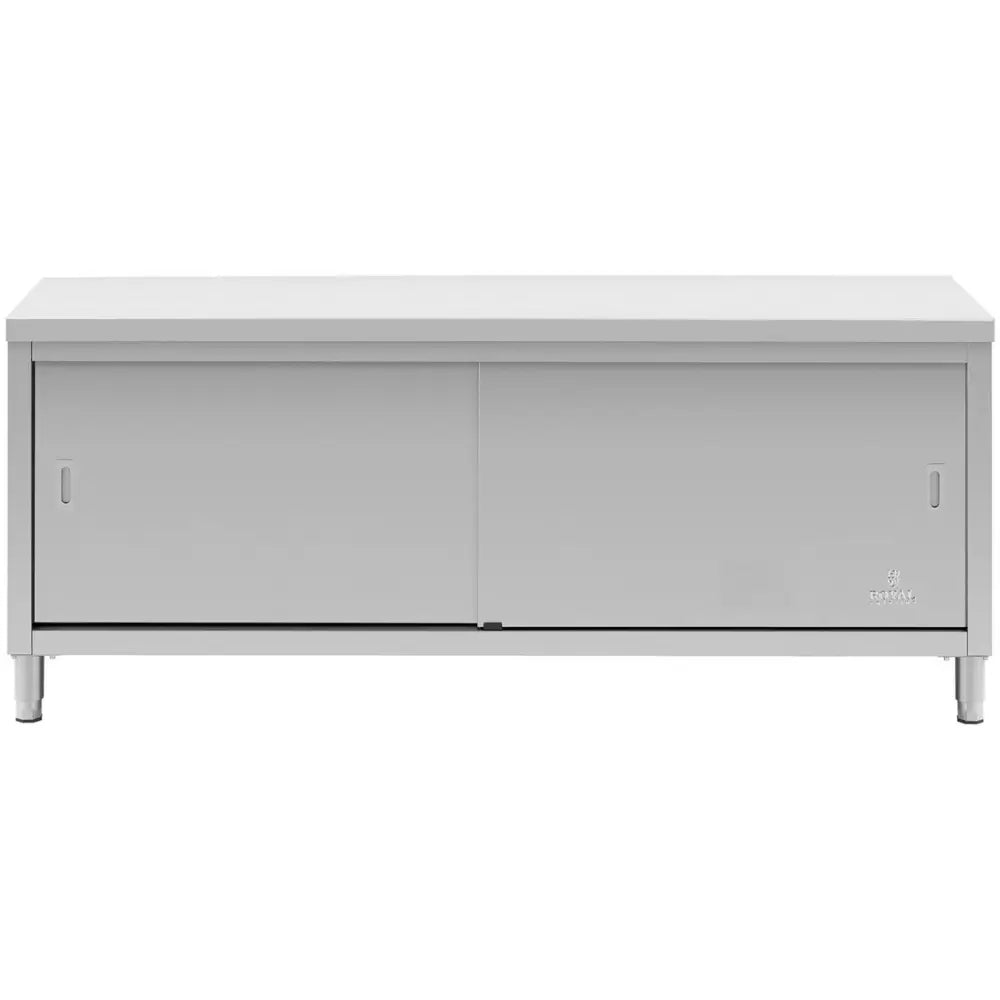 Stående rustfritt gastronomisk skap med to skyvedører, sett forfra på fire ben i industrielt design.