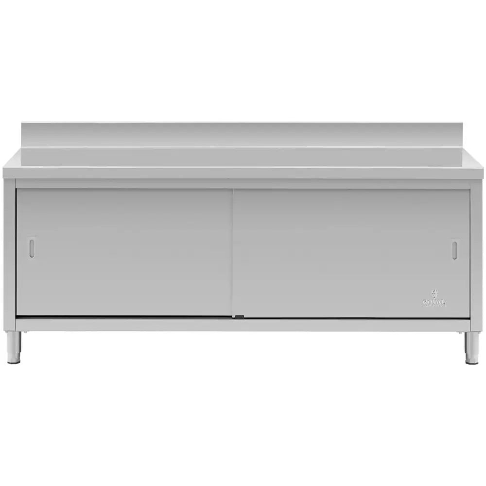 Stående rustfritt skap 200x60 cm, frontvisning med skyvedører, ben og forhøyet bakre kant på topplaten.